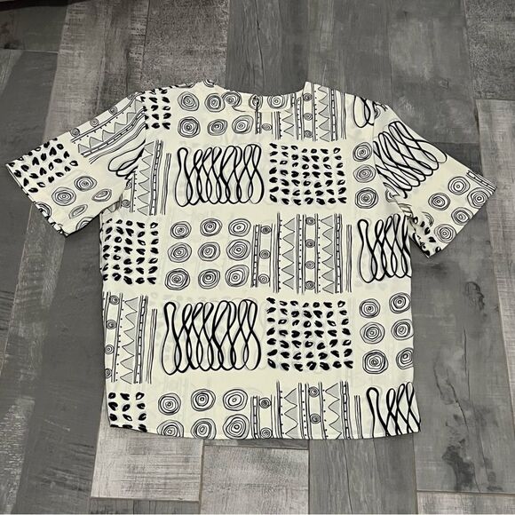 VTG 90s RENAISSANCE SPORTSWEAR Boxy Geometric Scribble Cream Black blouse S - Picture 7 of 12